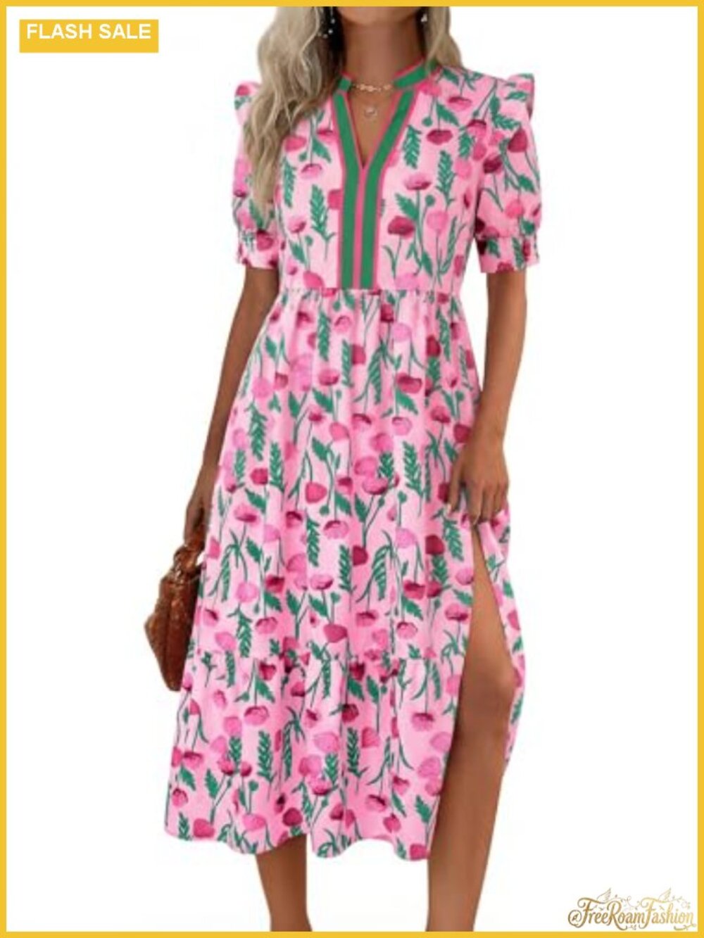 Women's Floral Puff Sleeve V Neck Flowy Midi Dress Summer